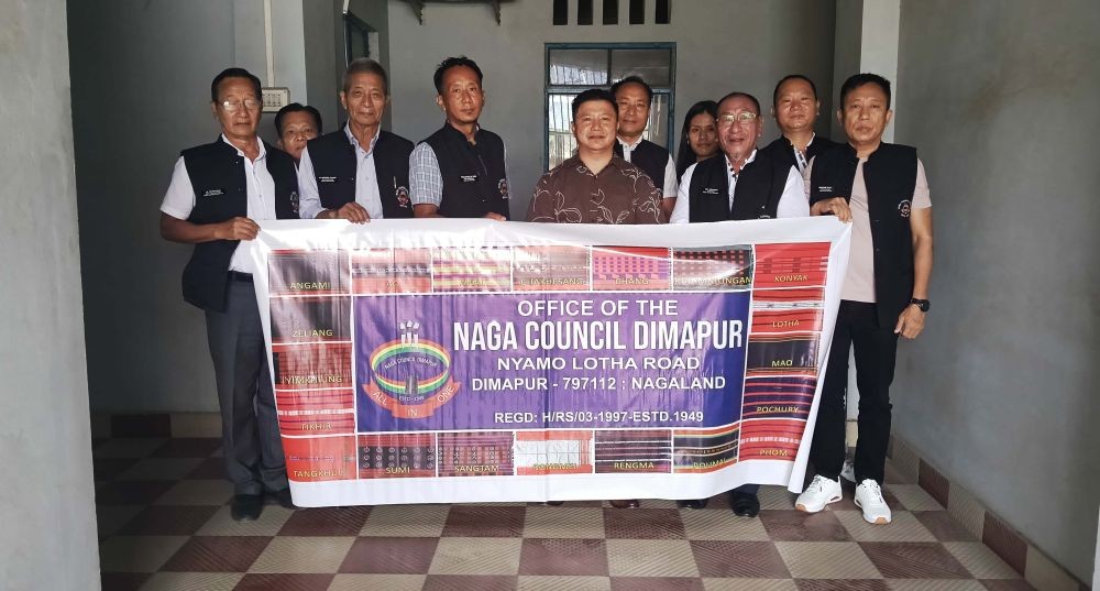 The Office Bearers of the Naga Council Dimapur (NCD) display their banner during a thanksgiving service held at the NCD office premises on August 22, marking the completion of their one-year term (2025–2026).